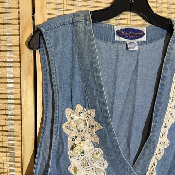 Blue Diamond Vintage 1990s Blue Denim Vest Lace Floral Appliques & Trim Large - Picture 2 of 15